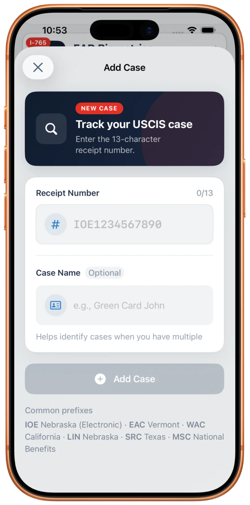 Add Case screen showing receipt number input form