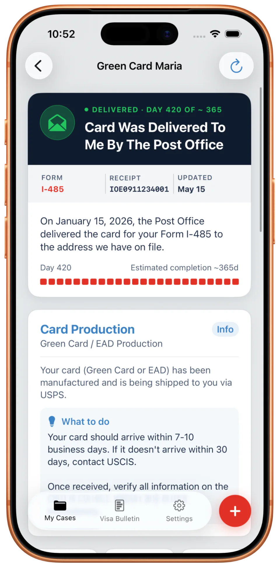 Case detail screen showing delivered status with plain English explanation