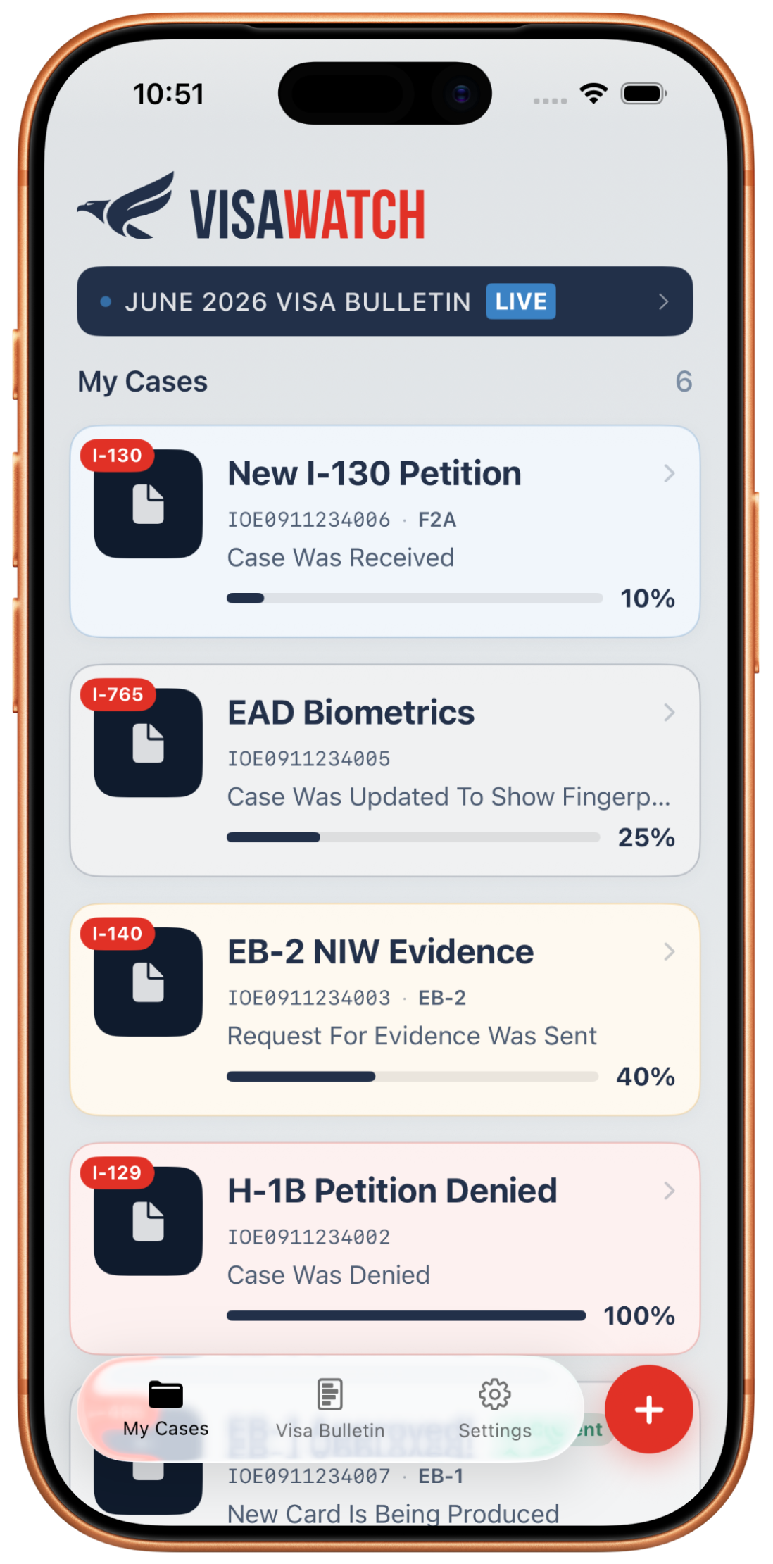 VisaWatch app showing My Cases dashboard with I-130, I-765, I-140, and I-129 tracking