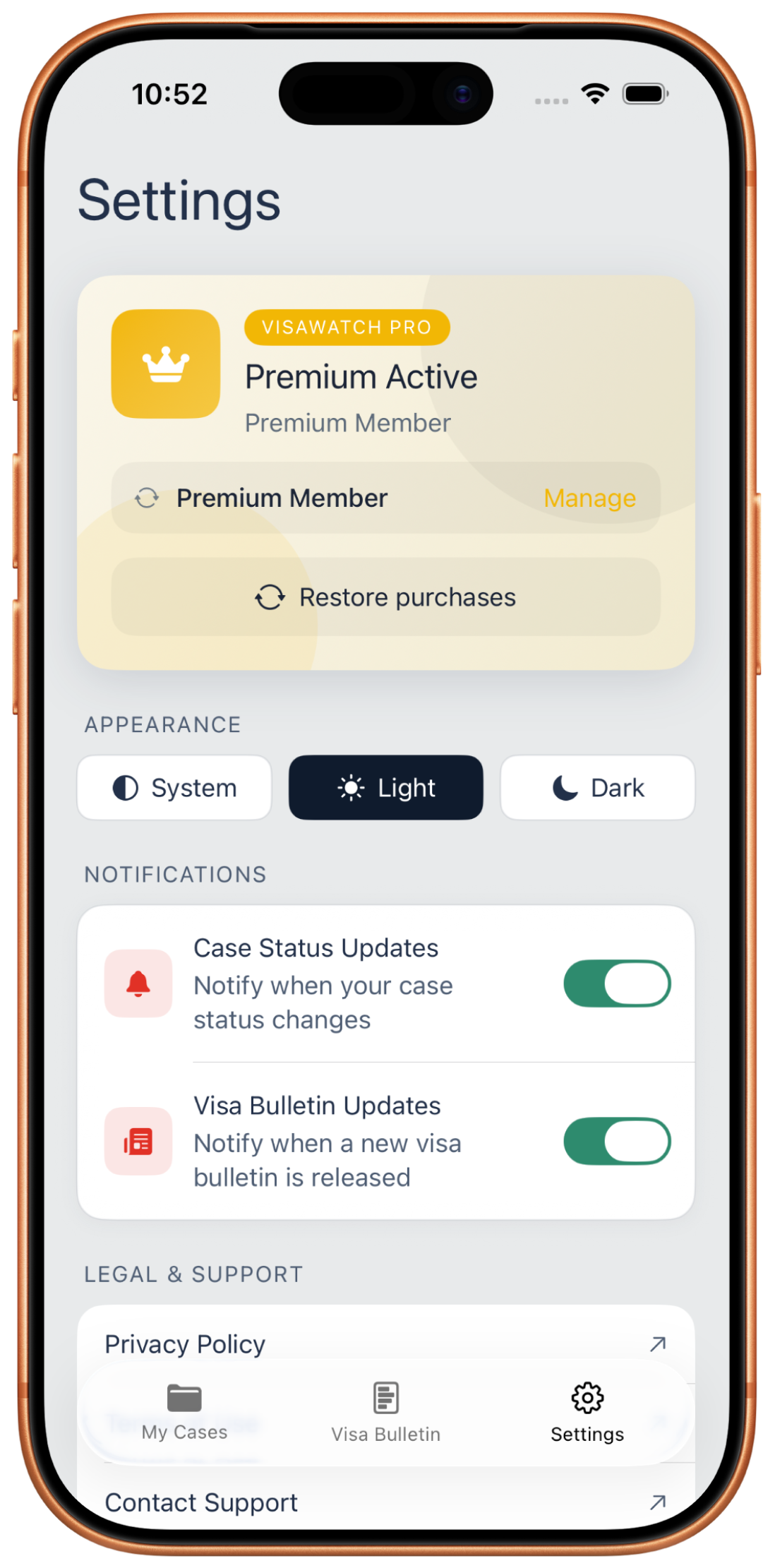 Settings screen showing VisaWatch Pro premium membership active