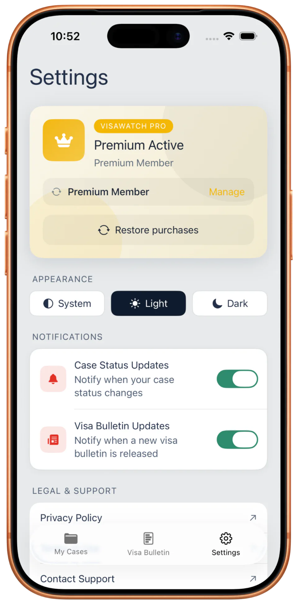 Settings screen showing VisaWatch Pro premium membership active